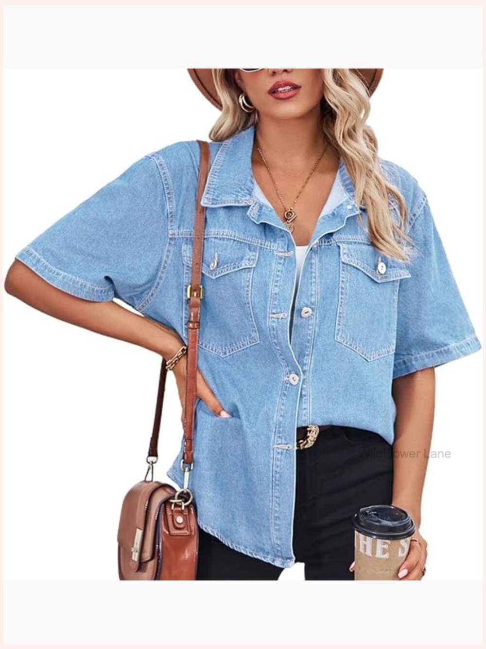 Short Sleeve Denim Button Up Shirt Boyfriend Fit Lapel Collar Pocket Western